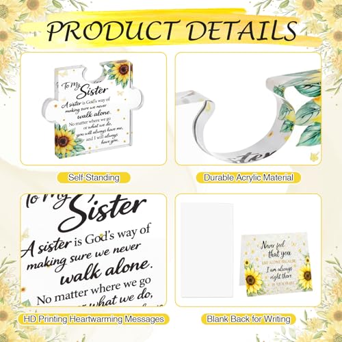 Yookeer Sister Gifts from Sisters, Unique Sister Birthday Acrylic Puzzle Shaped Plaque Sunflower Desk Decorations and Card Present for Big Sisters Mothers Day Wedding Graduation Birthday
