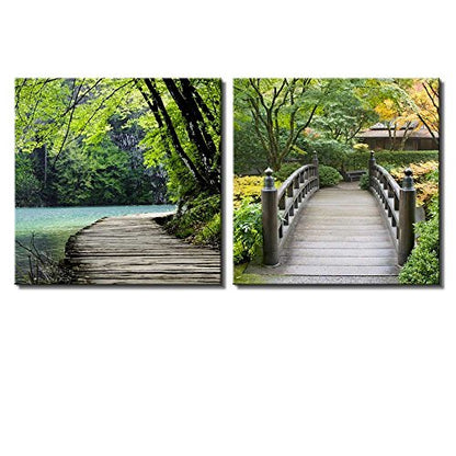 wall26 Two Piece Canvas - Bridge by a Lake Surrounded by Trees on a Japanese Garden on 2 Panels - Canvas Art Home Art - 12x12 inches - color: Bridge By a Lake, size: 12" x 12" x 2 panels