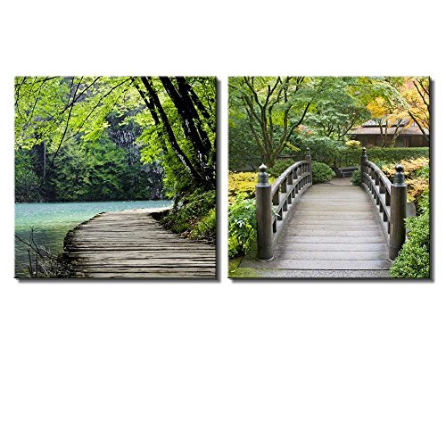 wall26 Two Piece Canvas - Bridge by a Lake Surrounded by Trees on a Japanese Garden on 2 Panels - Canvas Art Home Art - 12x12 inches - color: Bridge By a Lake, size: 12" x 12" x 2 panels
