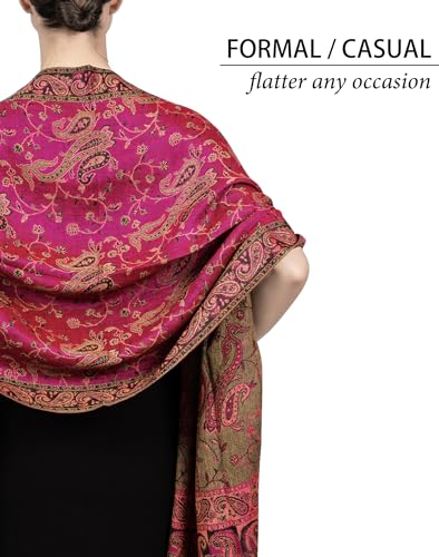 Achillea Reversible Paisley Pashmina Rave Scarf – Exotic Indian Shawls and Wraps for Evening Dresses, Festivals, All Seasons - color: Fuchsia