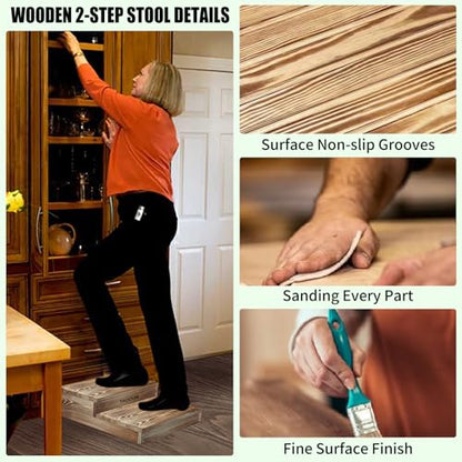 Wooden 2 Step Stool for High Beds, Moderate & Applicable 2-Step Stools for Seniors, Solid Wood steppingStool, Built-in Handle for Easy Carrying, 20.0" W - size: 20.0" W