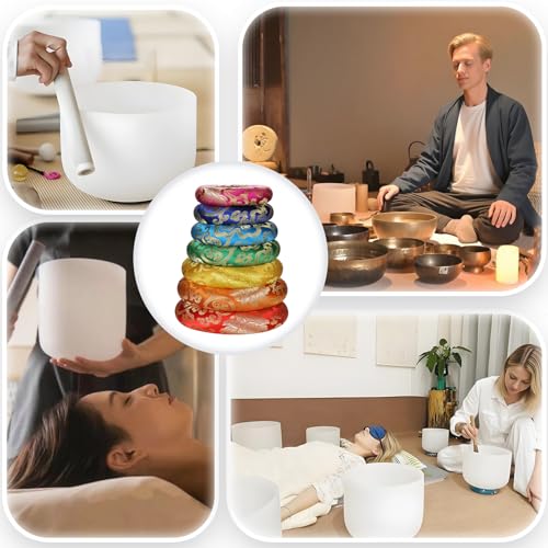 18 Pcs Singing Bowl Cushion Set for 6-12" Tibetan Singing Bowls, 7 Rainbow Silk Round Cushion, WoodMallet,128Hz Tuning Fork Kit, 7 Chakra Stones - for Meditation Sound Healing and Crystal Sound Bowls