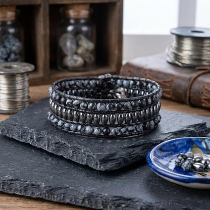 YGLINE Boho Handmade Natural Stone Bead 3 Row Wide Wrap Wrist Statment Bracelet Jewelry Collection - color: Black Mix