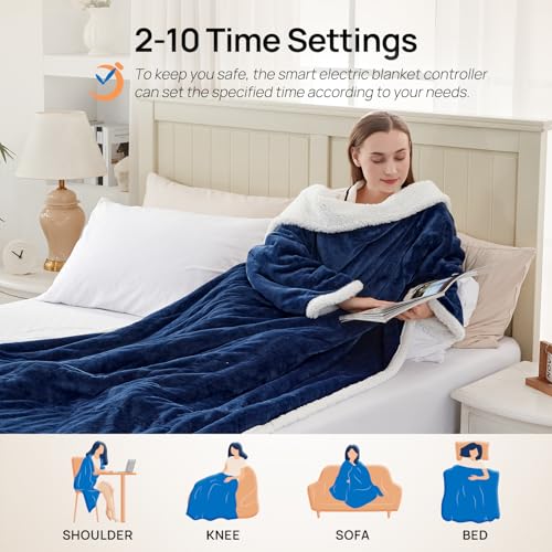 Westinghouse Electric Snuggle Throw Blankets with Foot Pocket, Wearable Heated Blanket with Sleeves, 6 Heating Levels & 2 to 10 Hours Heating Time Settings, 50 * 70"+18", Navy - color: Navy Blue&ivory, size: 70*50" Heated Snuggle Blanket