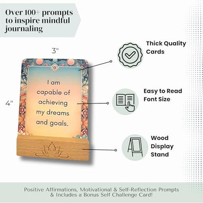 Mindful Moments Daily Affirmation Cards for Women, 106 Positive Inspirational Messages & Self Reflection Journal Prompts, Meditation Cards with Display Stand