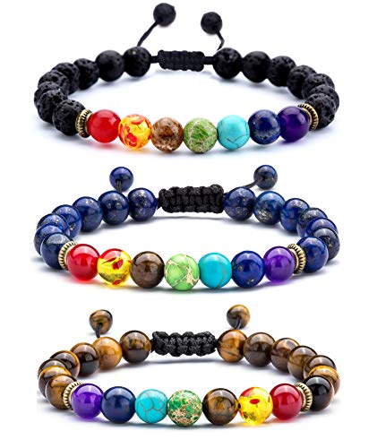 Men Women 8mm Lava Rock Beads Chakra Bracelet Braided Rope Natural Stone Yoga Bracelet Bangle - color: 3 Pcs Set 2-21004