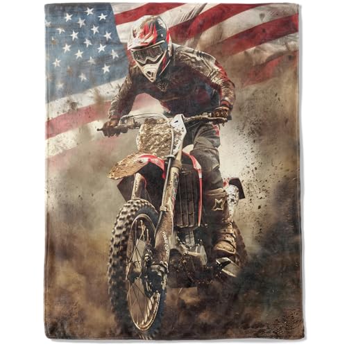 Vintage Dirt Bike Fleece Blanket,Motorcycle Rider and American Flag Blankets,Soft and Warm Dirtbike Decorative Throws for Game Room,Sofa,Office,Lightweight Throw Gifts for Men Patriots 40”x50” - color: Dirt Bike, size: 40x50 inch