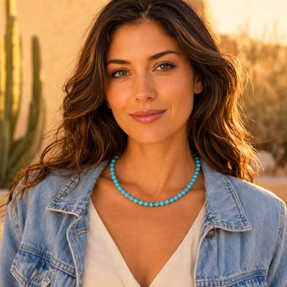 Sheplus 925 Sterling Silver Genuine Turquoise Beaded Necklace for Women,15.5-18 Inch Adjustable Choker Natural Blue Stone Jewelry, Dainty Western Gift for Her
