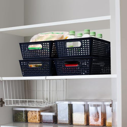 Tiawudi Stackable Woven Plastic Basket, Storage Bins for Cabinet, Closet, Shelf, Under Sink and Countertop, Pantry Organizer Bins, 6 Pack - color: Dark Blue