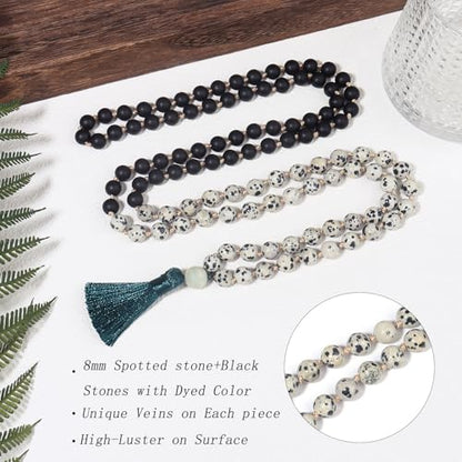 8MM Beads Chakra Long Mala Necklace Natural Stone Meditation Statement Necklace Japa Yoga Buddhist Rosary Prayer Charm Beaded Tassel Necklace - color: Spotted stone+Black Agate