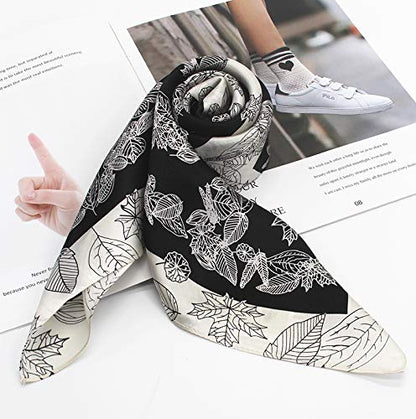 ANDANTINO 100% Pure Mulberry Silk Scarf 35" Large Square Lightweight Headscarf –Women’s Hair Wraps-With Gift Packed - color: Black Leaves