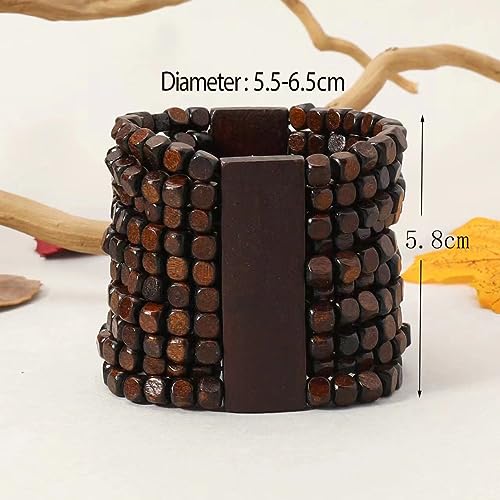 COLORFUL BLING Handmade Natural Wooden Beads Cuff Bracelet Woven Chunky Geometric Bangle for Women Summer Beach Boho Jewelry - color: multilayer