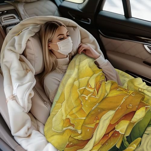 Flannel Throw Blanket 40x30 Inch, Yellow Rose Prints Anti-Pilling Warm Fuzzy Blankets for Bed Sofa Couch Travel - color: Yellow Rose, size: 40x30 Inch
