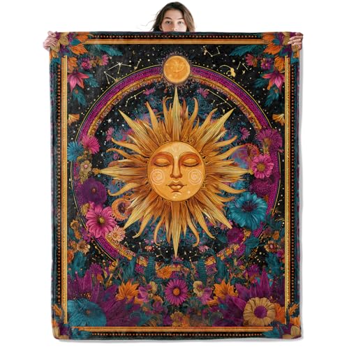 Mystical Sun Throw Blanket Soft Cozy Lightweight Flannel Blankets with Cosmic Floral Art Printed for Adults Astrology Lovers Bedroom Dorm Office Celestial Decor Gifts 50x60 Inch