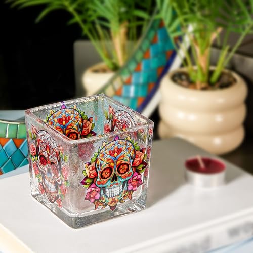 Votive Tealight Candle Holder, Square Glass Vase for Table Centerpiece Decor, Multi-Purpose Glass Cup for Home Tabletop Decor, 3.1 x 3.1 x 3.1 in Day of the Dead
