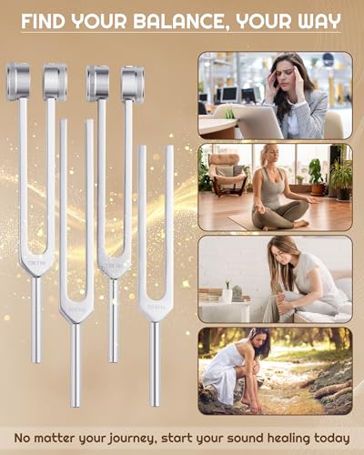 Tuning Forks for Healing Set-128Hz, 136.1Hz, 256Hz, 384Hz Weighted & Unweighted with Activator & Pouch-Complete Sound Therapy Kit for Chakra Balancing, Yoga, Meditation, Stress Relief & Energy Healing