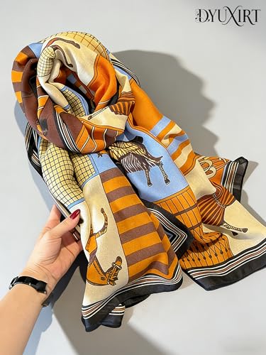 100% Mulberry Silk Oversized Women’s Sun-Shielding Shawl Formal Evening Neckwear Featherlight Airy - color: N6-geo-tone Scarf（69" X 21"inch）