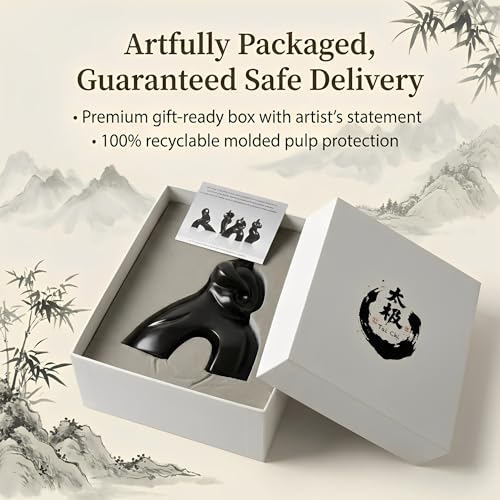 Tai Chi Motion Ceramic Sculpture - Handmade Jingdezhen Porcelain Statue, 7-Inch Abstract Yin Yang Zen Figurine for Home Office Desk Shelf Décor