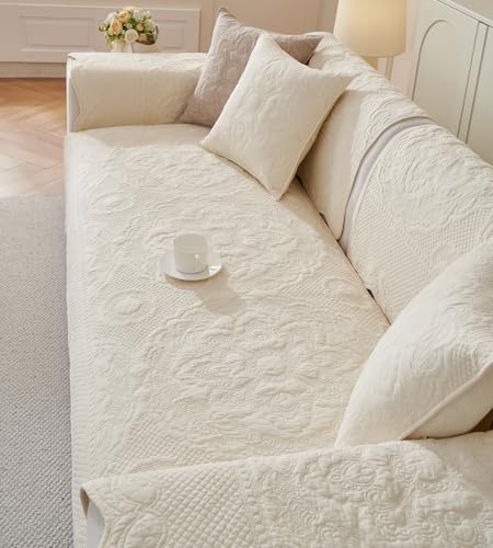 vctops Boho Cotton Quilted Couch Cover Soft Embroidered Sofa Cover Non-Slip Dog Bed Cover Scalloped Sofa Slipcover Washable Furniture Protector Cover (Cream,28"x59") - color: Cream, size: 1pc/28"x59"/Rectangular