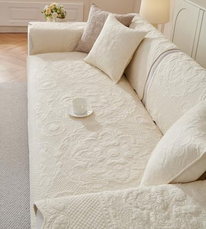 vctops Boho Cotton Quilted Couch Cover Soft Embroidered Sofa Cover Non-Slip Dog Bed Cover Scalloped Sofa Slipcover Washable Furniture Protector Cover (Cream,28"x82") - color: Cream, size: 1pc/28"x82"/Rectangular