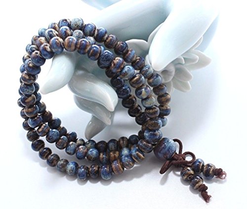 Mala Beads Porcelain Bracelet Prayer Three-Row Elastic Bracelet (Blue)