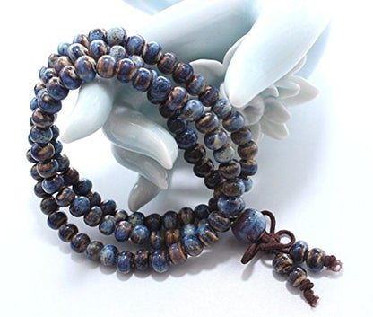 Mala Beads Porcelain Bracelet Prayer Three-Row Elastic Bracelet (Blue)