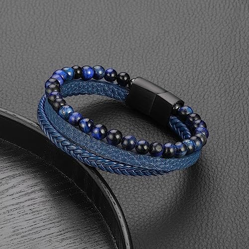 Leather Bead Bracelets for Men, Natural Tiger Eye Lava Rock Stone Bead Magnetic Clasp Adjustable Leather Bracelets Stress Relief Mens Anxiety Bracelet Mens Jewelry Gifts - style: Blue Leather-Blue Tiger Eye Bead