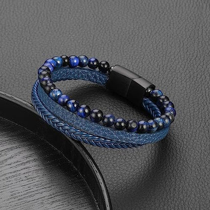 Leather Bead Bracelets for Men, Natural Tiger Eye Lava Rock Stone Bead Magnetic Clasp Adjustable Leather Bracelets Stress Relief Mens Anxiety Bracelet Mens Jewelry Gifts - style: Blue Leather-Blue Tiger Eye Bead