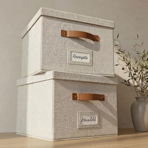 Decorative File Organizer Box Set of 2 - Collapsible Linen Filing Cabinets with Handles Are Perfect to Store All Your Documents & Hanging File Folders - Portable Easy Slide Office Crates with Lid - color: Ivory