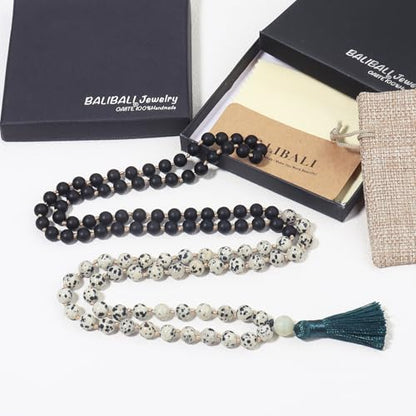 8MM Beads Chakra Long Mala Necklace Natural Stone Meditation Statement Necklace Japa Yoga Buddhist Rosary Prayer Charm Beaded Tassel Necklace - color: Spotted stone+Black Agate