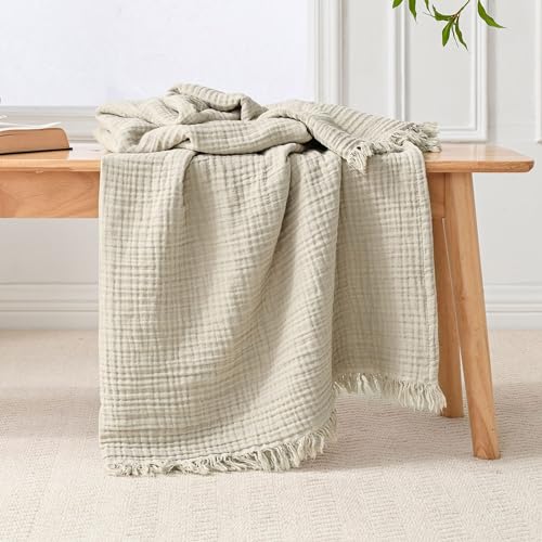 Esterra Muslin Throw Blanket 50x65 Inches Cozy Soft Lightweight Pre-Washed Cotton Blanket, All Season Breathable 4-Layer Gauze Blanket Throw for Sofa Couch Bed, Oatmeal - color: 03 - Oatmeal, size: Throw (50"x65")