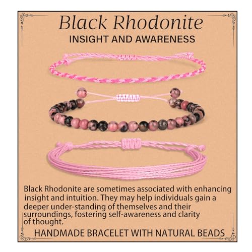 QOGIR Handmade Healing Bracelet,6mm Natural Gem Stone Bracelet rope bracelet - color: Black Rhodonite(Insight and Awareness), size: 4mm