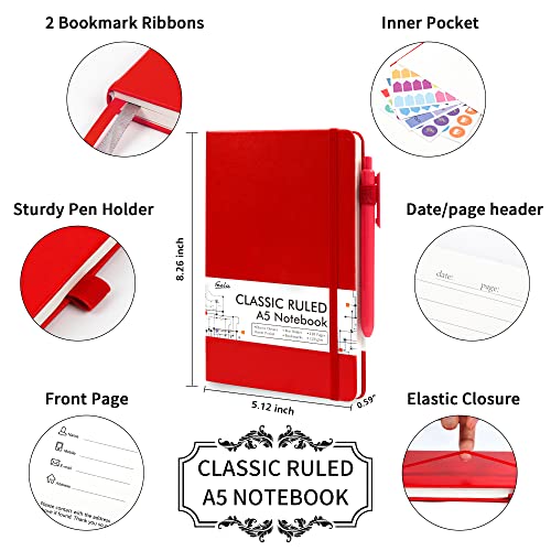 feela 3 Pack Notebooks Journals Bulk with 3 Black Pens, A5 Hardcover Notebook Classic Ruled Lined Journal Set with Pen Holder for Work Business Journaling Note Taking, 120 GSM, 5.1”x8.3”, Red - color: 3 Pack red
