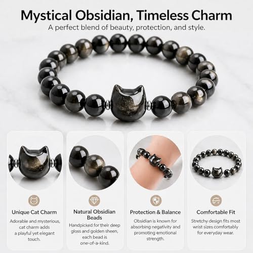 Beaded Bracelets for Women, Black Obsidian Money Attraction Bracelet, 8mm Healing Relax Anxiety Luck Crystal Bead Bracelets, Adjustable Jewelry Feng Shui Stretch Bracelet Cat Lover Gifts for Women Men