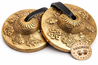 Tingsha Cymbals Bells - Easy To Play - Meditation Mindfulness Chime For Chakra Healing Spiritual Dharma Gifts Handcrafted Tibetan By Himalayan Bazaar (Asta Mangal) - color: Asta Mangal