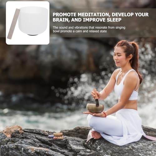 8-inch White Crystal Chakra Singing Bowl for Yoga Meditation with Relaxing Therapy Sound, Hand Percussion Music Bowl for Mindfulness