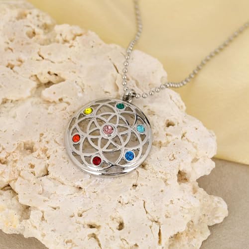 Flower of Life Necklace: 18K Gold Plated Sacred Geometry Buddhist Chakra Mandala with Diamond Pendant Necklaces Yoga Spiritual Amulet Jewelry Meditation Gift for Women Men - color: silver