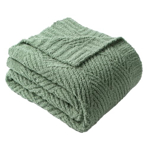 Sage Green Chenille Throw Blanket for Couch, Soft Diamond Textured Knit Green Throw, Decorative Blanket for Sofa, 50"x60" - color: Sage Green