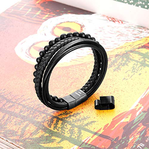 Mens Bead Leather Bracelet, Natural Bead, Steel and Leather Bracelet for Men Christmas Gift Idea