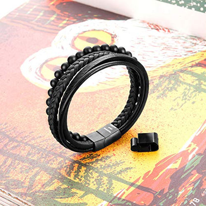 Mens Bead Leather Bracelet, Natural Bead, Steel and Leather Bracelet for Men Christmas Gift Idea