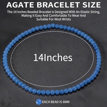 14in Agate Wrap Bracelet for Women Men Natural Round Beaded Agates Stone Healing Stretch Bracelets Elastic Handmade Polished Gemstone Beads Bracelet - color: Blue Agate, size: 6mm Beads