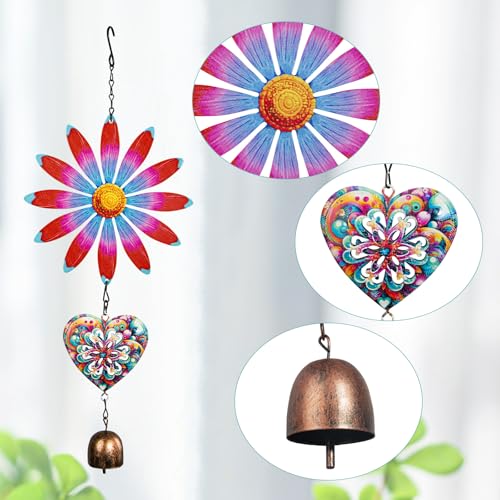 Metal Flowers Hanging Decor, Flower Wind Chime Bell Hanging Decor for Outdoor Garden Yard Doors Walls Living Rooms Bedrooms, 2 Pack (Flower-a-Heart) - style: flower-a-heart