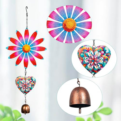 Metal Flowers Hanging Decor, Flower Wind Chime Bell Hanging Decor for Outdoor Garden Yard Doors Walls Living Rooms Bedrooms, 2 Pack (Flower-a-Heart) - style: flower-a-heart