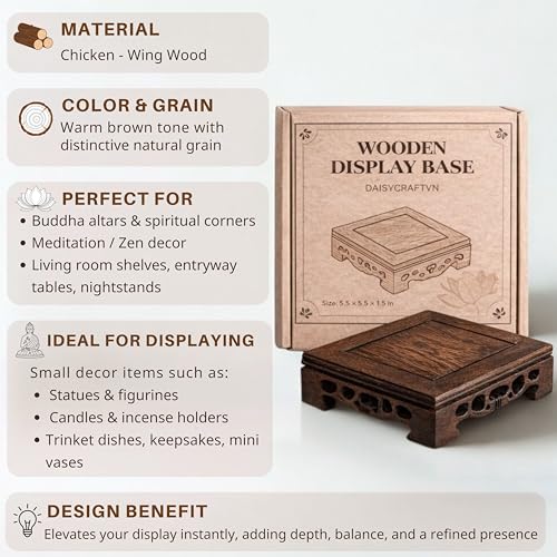 Zen Master Thich Nhat Hanh Wooden Statue with 5.5"x5.5" Oriental Carved Base, Home Altar & Meditation Decor Set