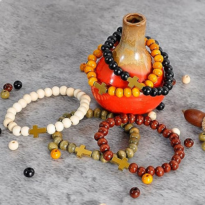 MILAKOO 5 Pcs Wooden Beaded Bracelet Bangle for Men and Women Elastic - style: Gold Cross