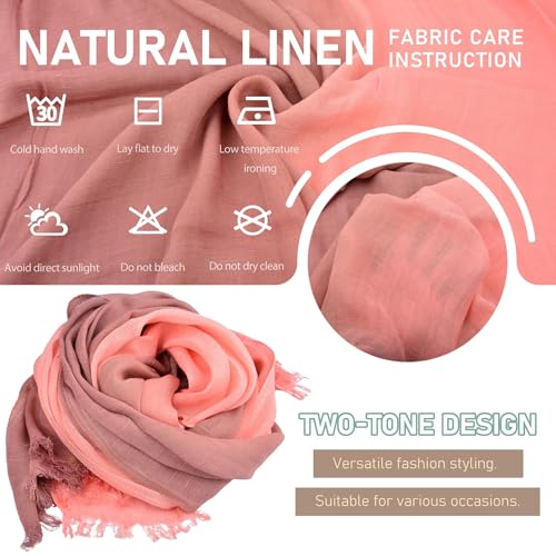Two-tone Linen Scarf for Women Lightweight Summer Wrap Cotton Shawl Beach Travel Pashmina Gauze 75"×35" - color: Peach Pink/Khaki