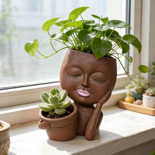 Face Plant Pot - Double Flower Pots for Indoor Outdoor Plants Resin Head Planter with Drainage Hole Cute Lady Face Plant Pots, Garden Decoration Planters (Brown Lady, Medium) - size: Medium, style: Brown Lady
