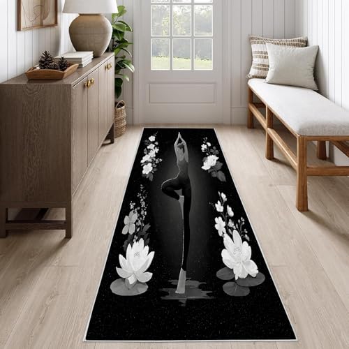Yoga Silhouette Runner Rug 2x6 - Washable Non-Slip Meditation Accent Rug, Low Pile Soft Carpet, White Flower Carpet for Entryway, Kitchen, Bedside & Bathroom, Indoor Home Decor, Black - color: Deep Black -93, size: 2' x 6' (Runner)