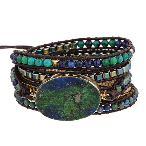 Women Boho Handmade Natural Stone Crystal Leather Bead Wrap Bracelets Collection - style: Chrysocolla 5W