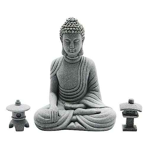 Hoypeyfiy Mini Buddha Statue Set with Stone Lantern, Zen Garden Accessories Sitting Buddha Figurine for Home Decor, Patio Yard Garden, Terrarium, Micro Landscape Decoration
